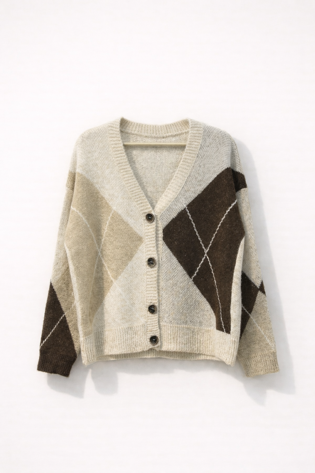 Beige Plaid Knit Cardigan