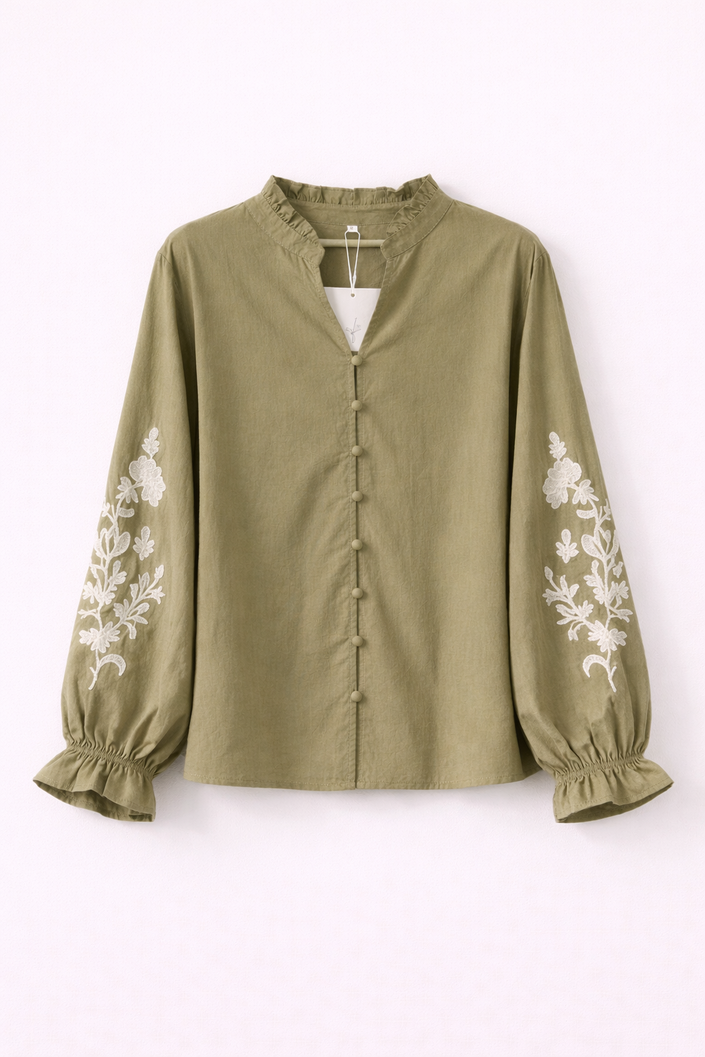 100% Cotton Embroidered Blouse in Olive Khaki
