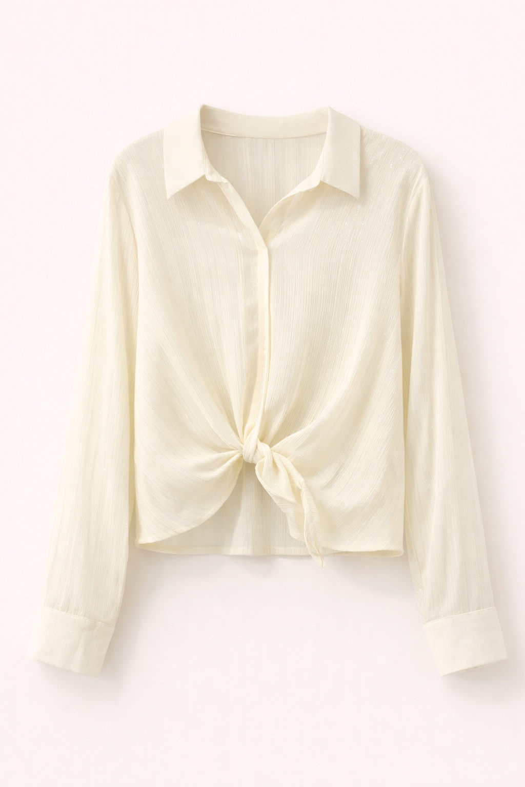 Butter Cream Textured Tie-Front Blouse with Subtle Shimmer
