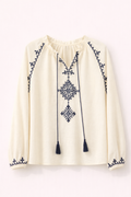 Cream Cotton Linen-Look Blouse with Navy Embroidery and Tassel Tie