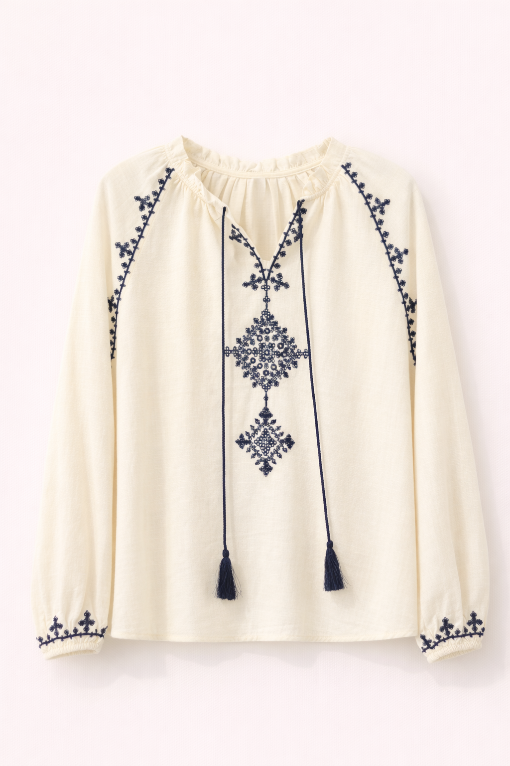 Cream Cotton Linen-Look Blouse with Navy Embroidery and Tassel Tie