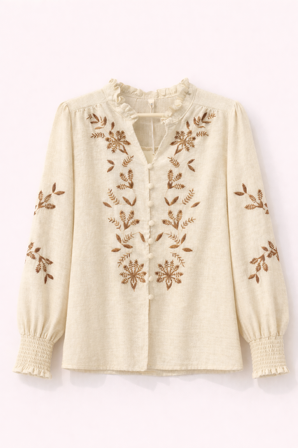 Beige Cotton Linen-Look Blouse with Brown Botanical Embroidery and Button Front