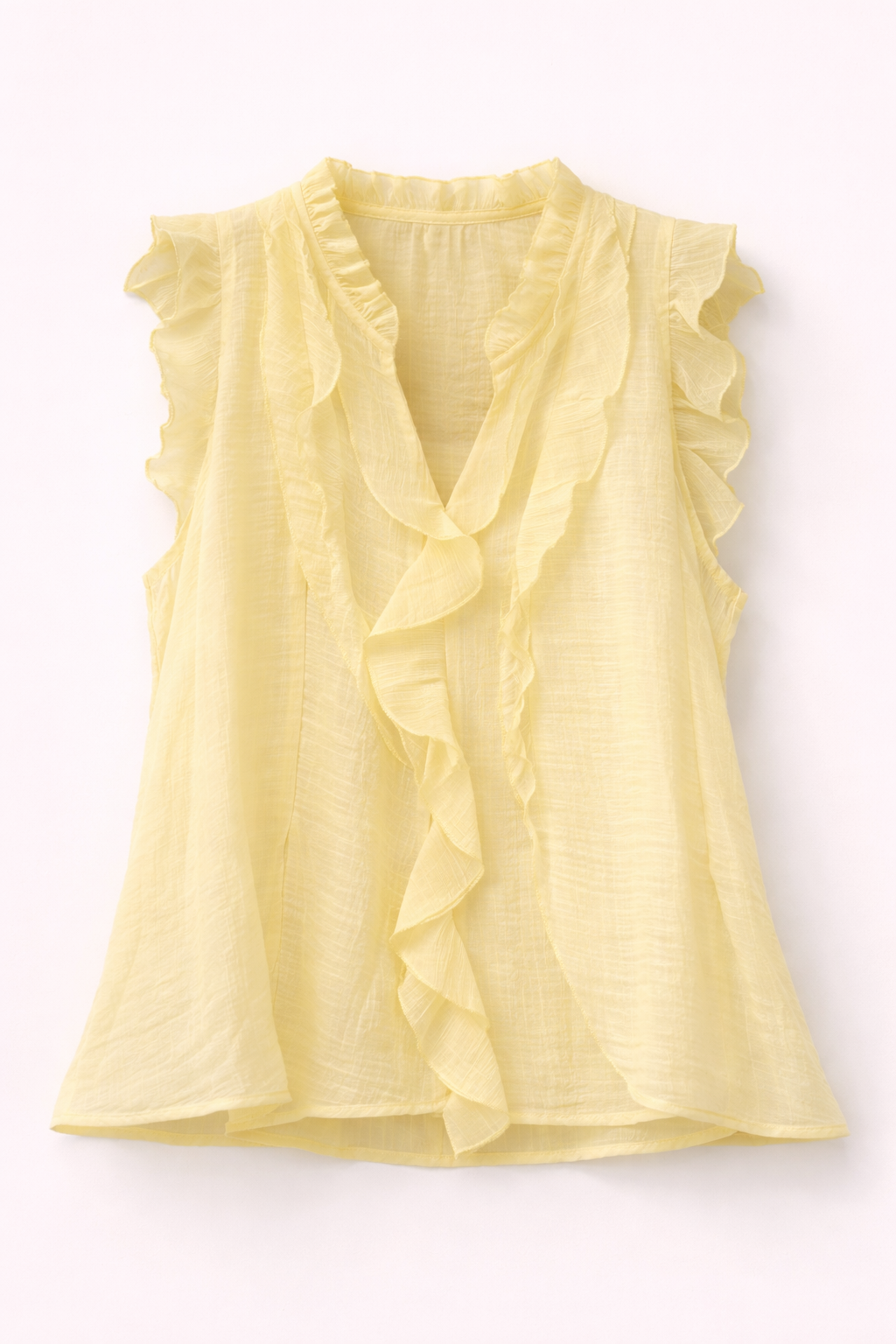Butter Yellow Ruffle Trim Sleeveless Blouse in Tencel Blend