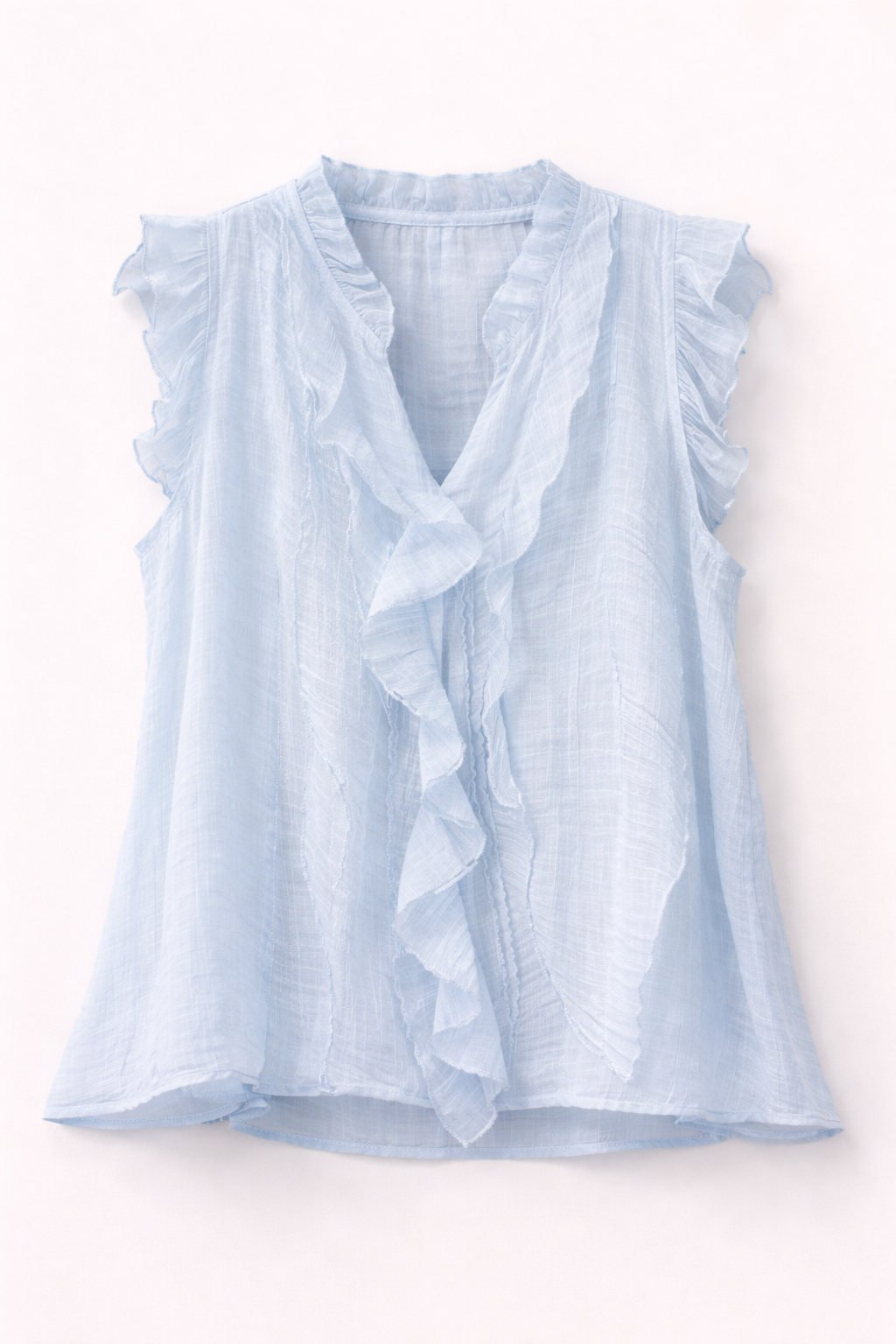 Soft Sky Blue Ruffle Trim Sleeveless Blouse in Tencel Blend