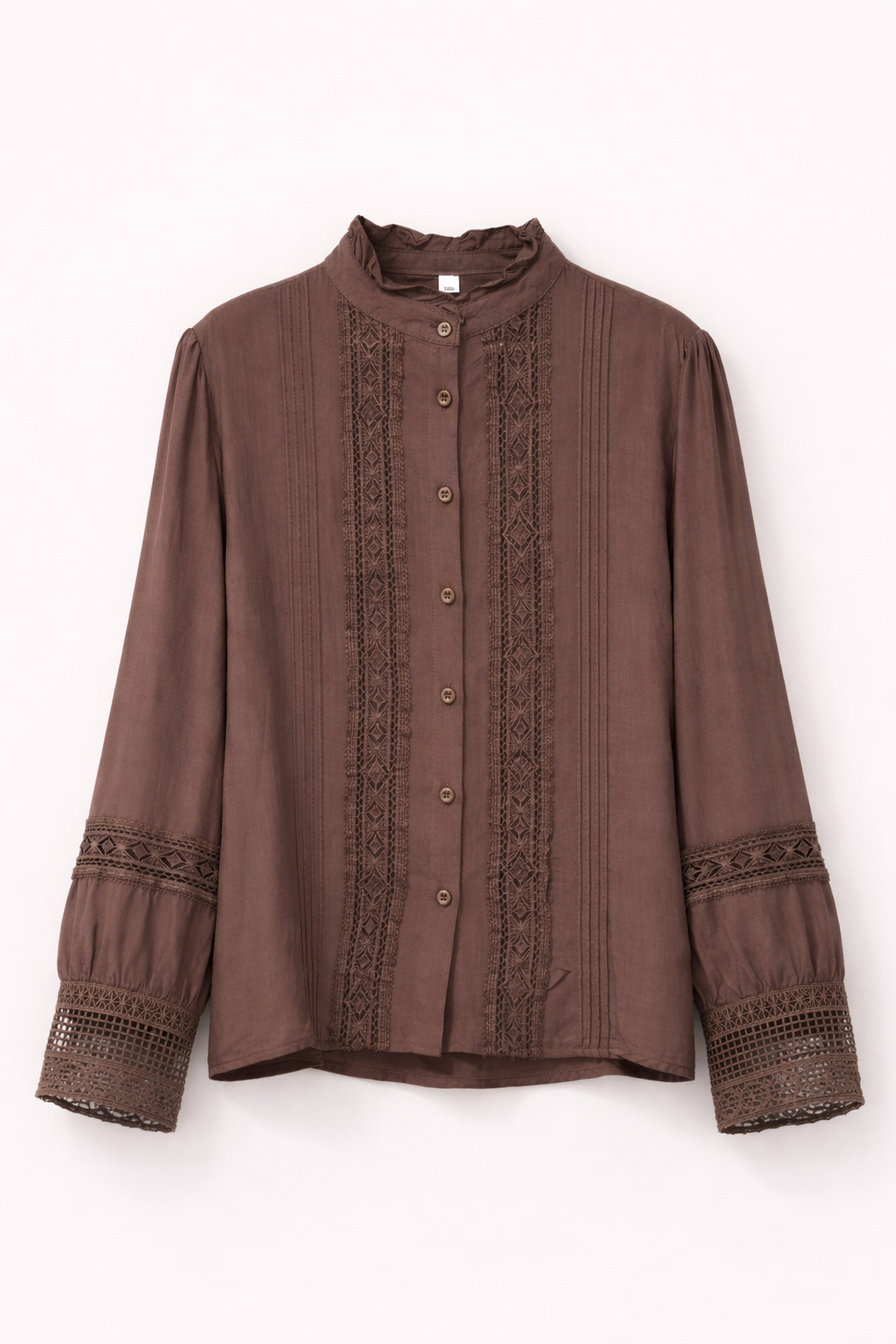 Chocolate Brown Lace Panel Blouse with Textured Details
