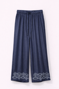 Denim Blue Embroidered Tencel Wide-Leg Pants – Relaxed Fit Elastic Waist