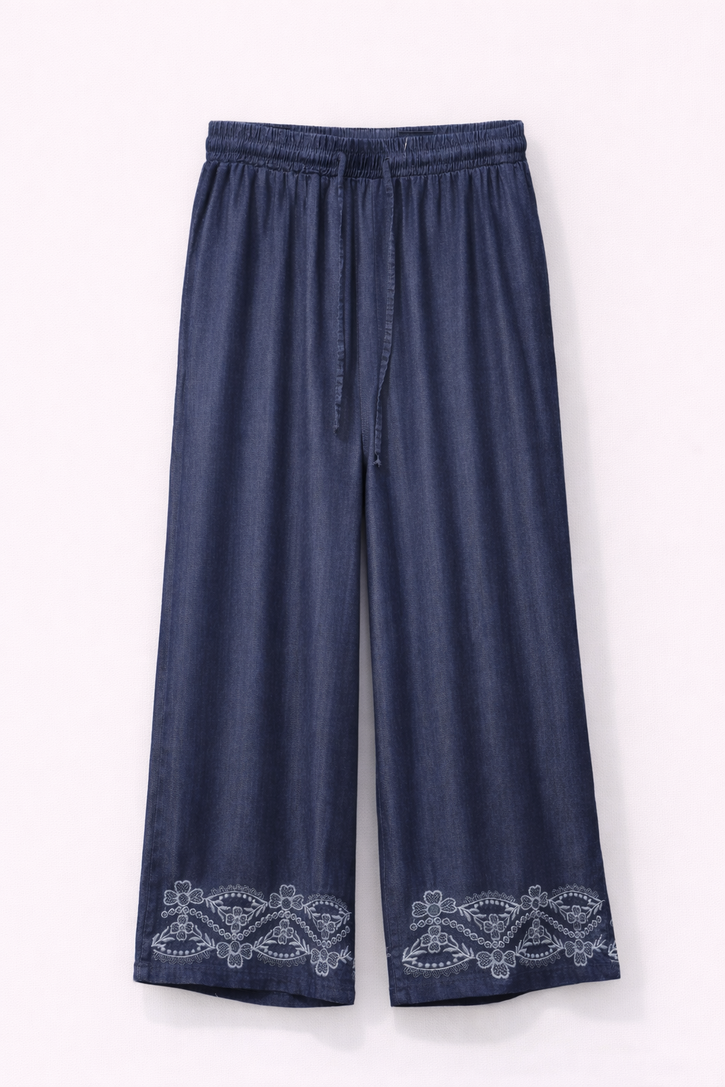 Denim Blue Embroidered Tencel Wide-Leg Pants – Relaxed Fit Elastic Waist
