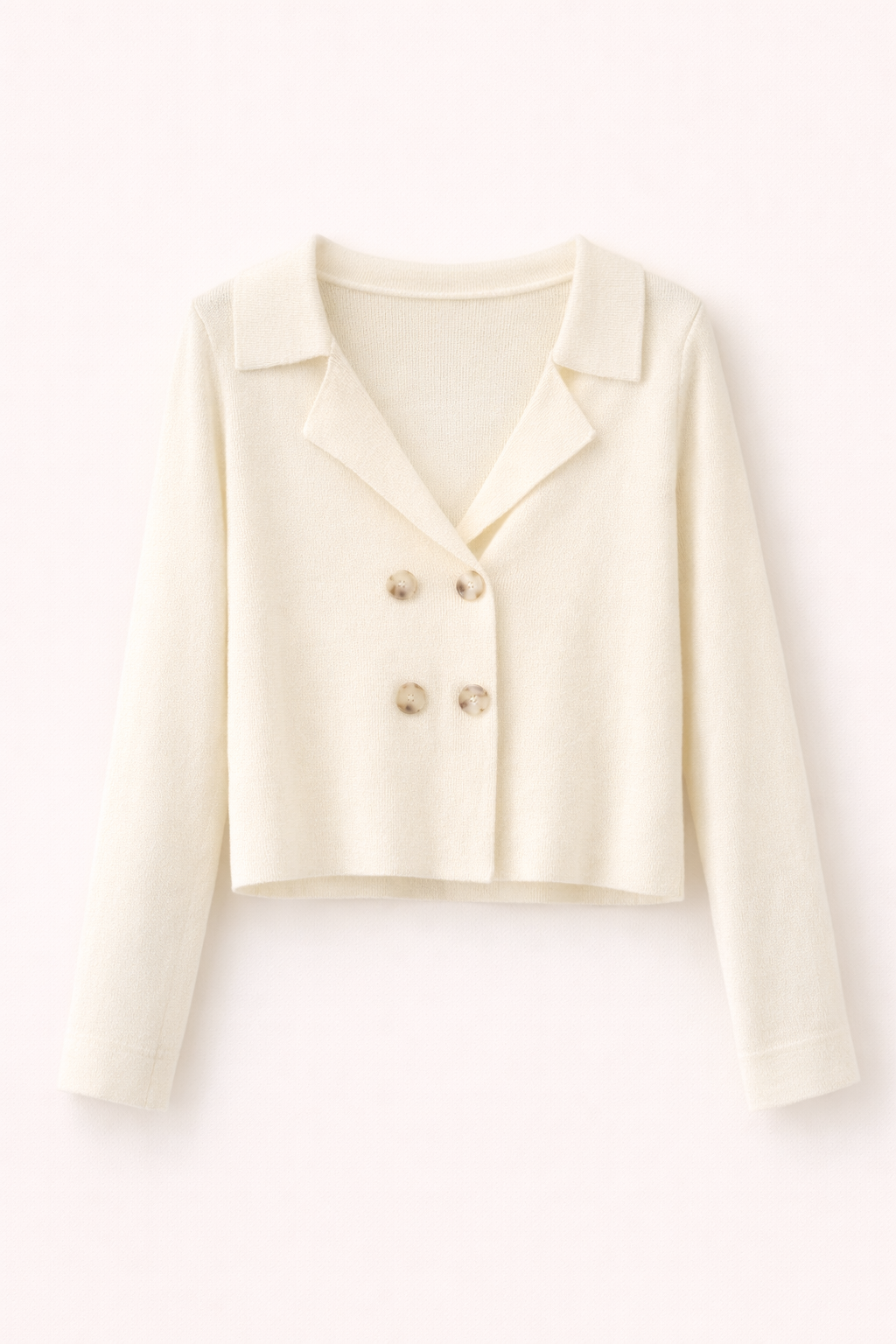 Cream Double-Breasted Cropped Knit Cardigan