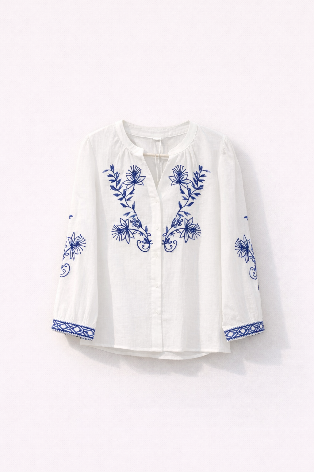 White Cotton Embroidered Stand-Collar Blouse