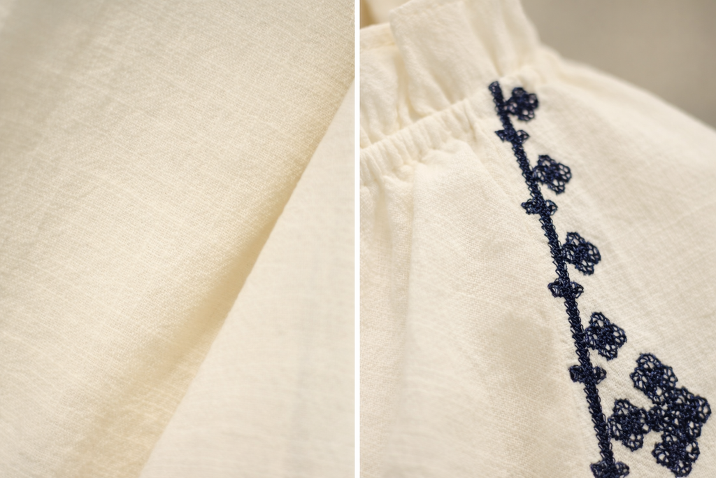 Cream Cotton Linen-Look Blouse with Navy Embroidery and Tassel Tie