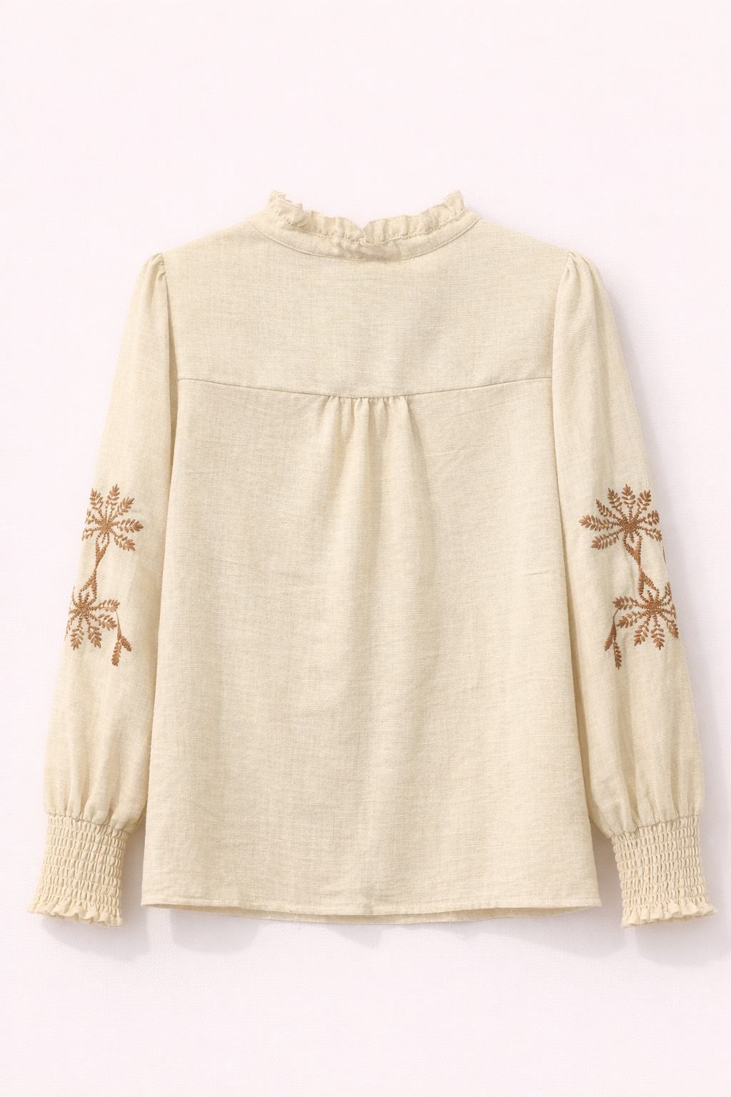 Beige Cotton Linen-Look Blouse with Brown Botanical Embroidery and Button Front