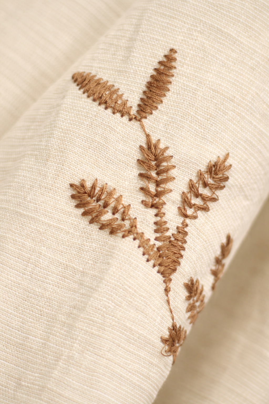 Beige Cotton Linen-Look Blouse with Brown Botanical Embroidery and Button Front