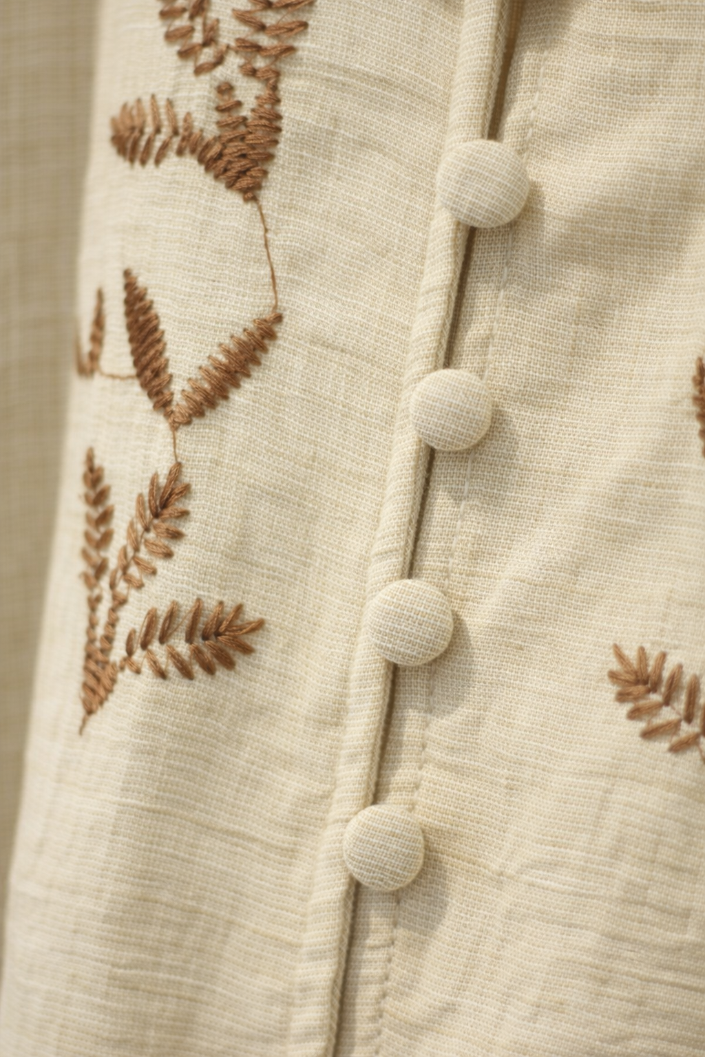 Beige Cotton Linen-Look Blouse with Brown Botanical Embroidery and Button Front