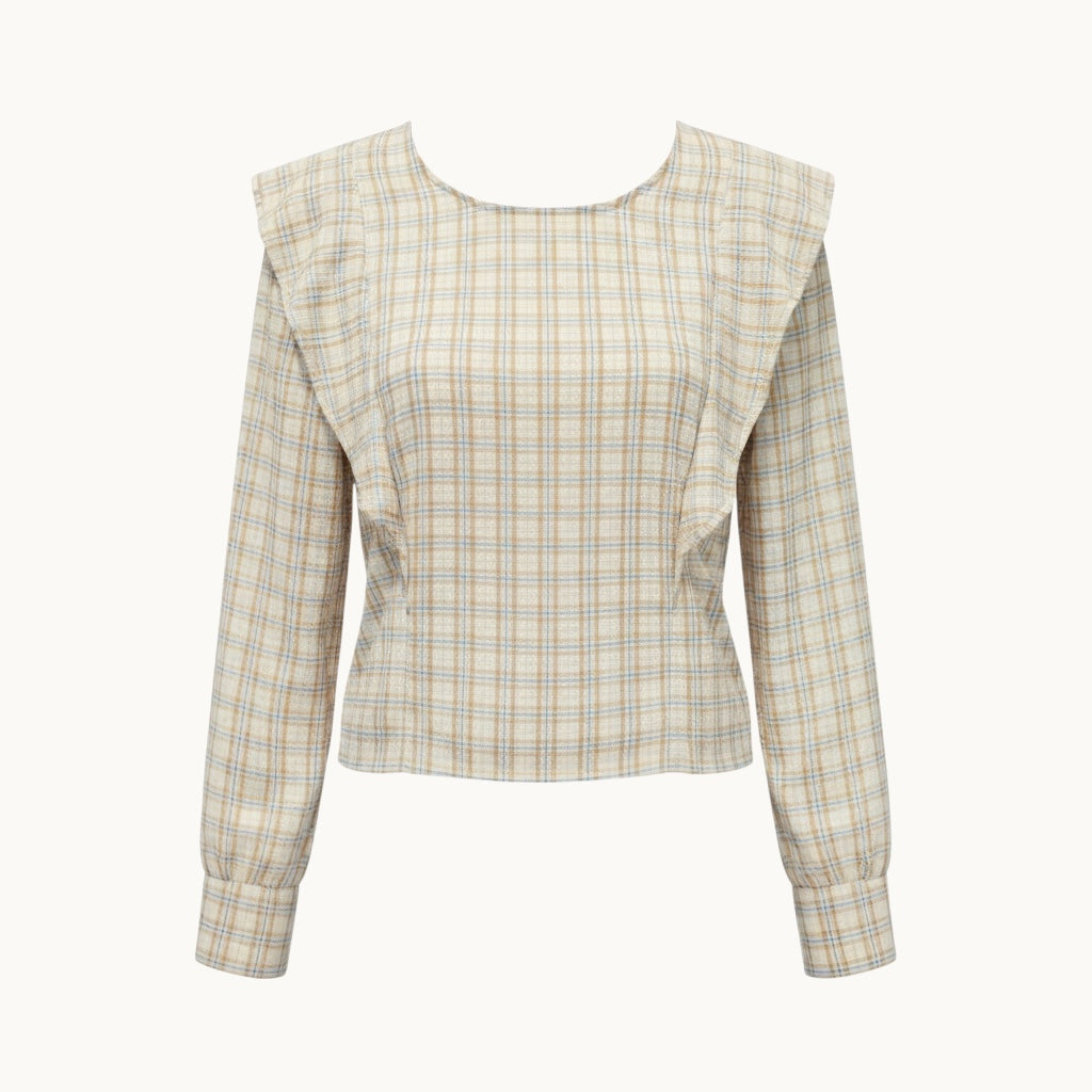 Muted Blue Brown Plaid Ruffle Shoulder Blouse