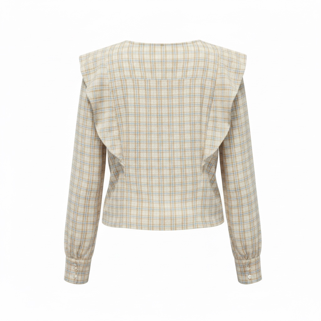 Muted Blue Brown Plaid Ruffle Shoulder Blouse