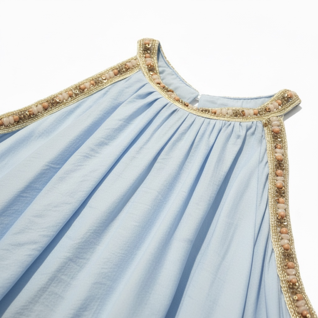 Light Blue Cold Shoulder Boho Blouse with Embellished Neckline | Loose Fit Summer Top