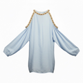 Light Blue Cold Shoulder Boho Blouse with Embellished Neckline | Loose Fit Summer Top
