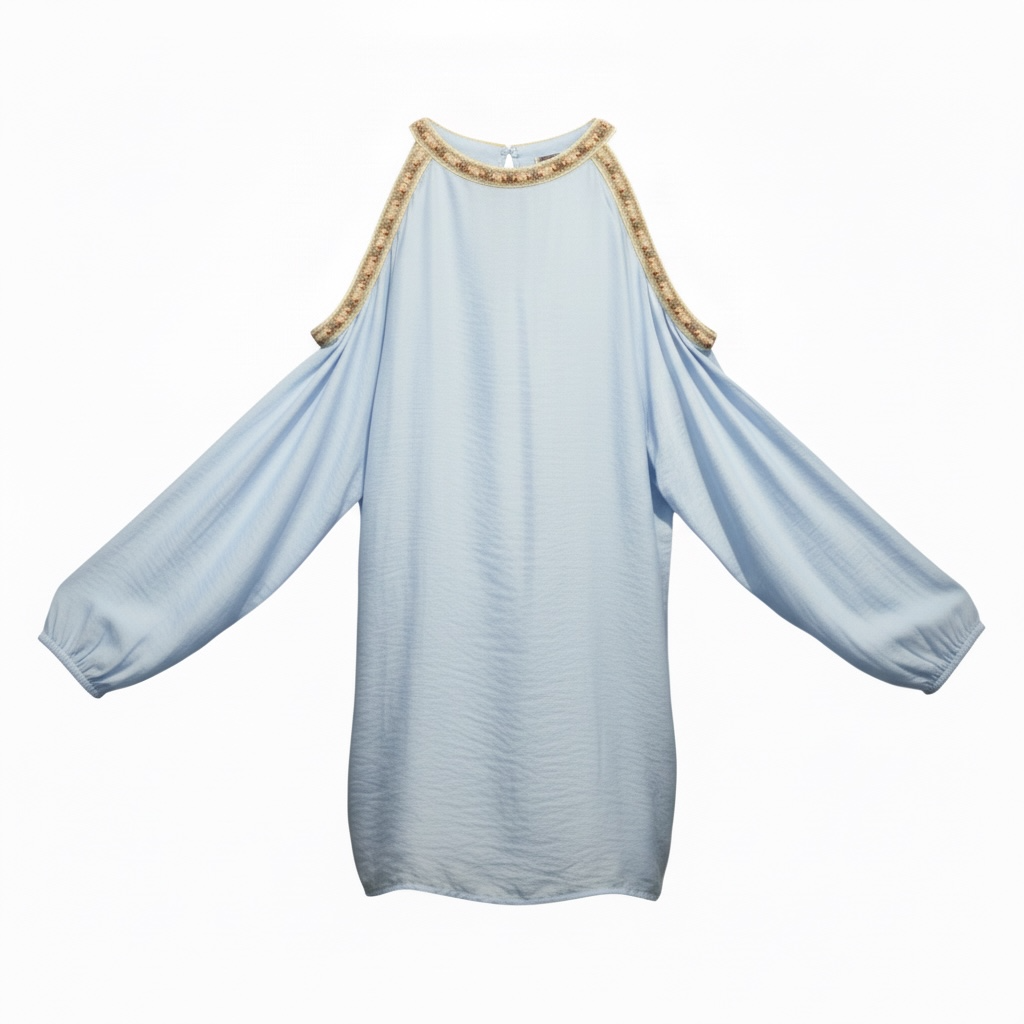 Light Blue Cold Shoulder Boho Blouse with Embellished Neckline | Loose Fit Summer Top