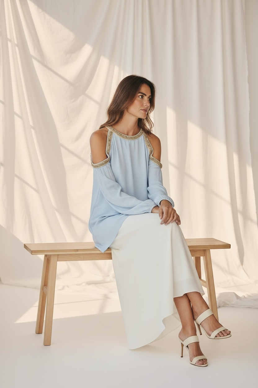Light Blue Cold Shoulder Boho Blouse with Embellished Neckline | Loose Fit Summer Top