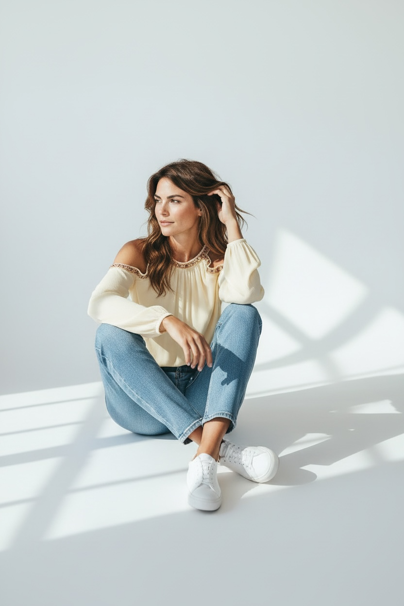 Cream White Cold Shoulder Boho Blouse with Embellished Neckline | Relaxed Fit Summer Top