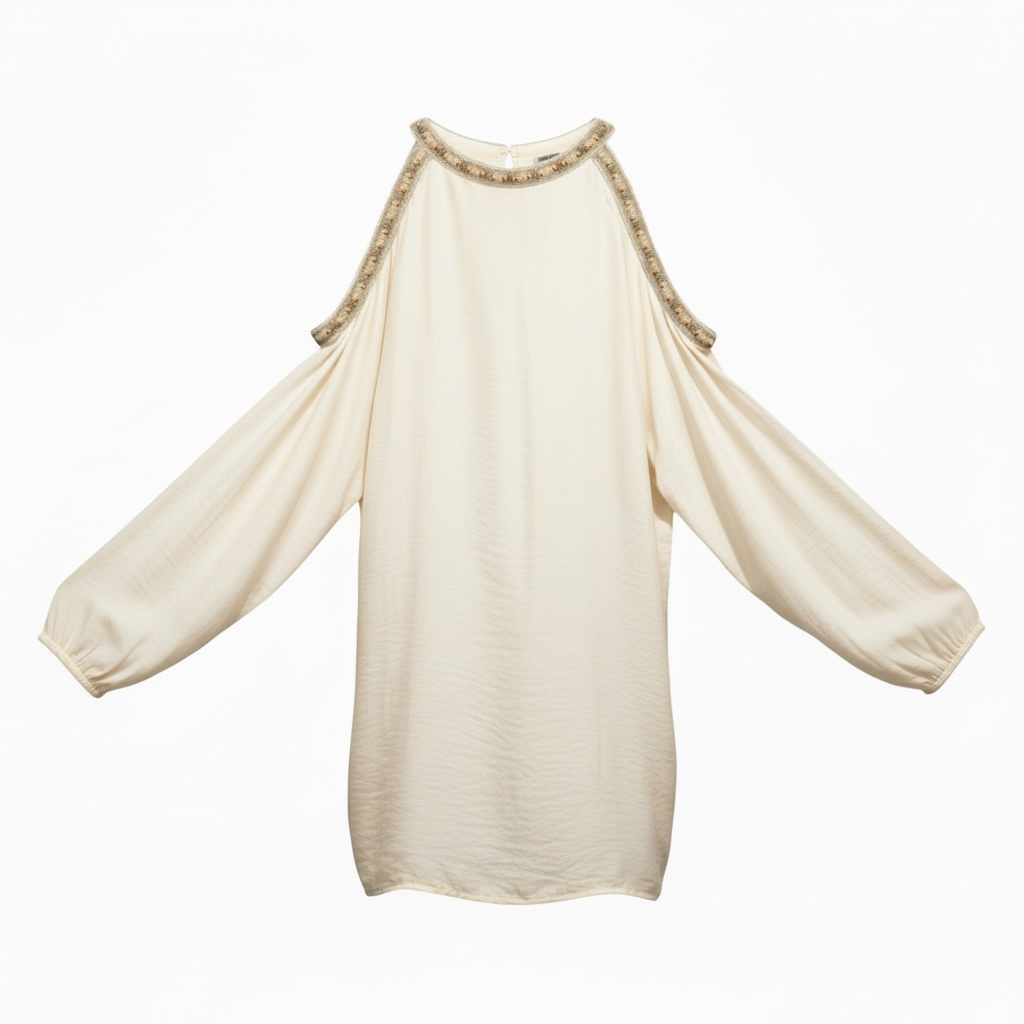 Cream White Cold Shoulder Boho Blouse with Embellished Neckline | Relaxed Fit Summer Top